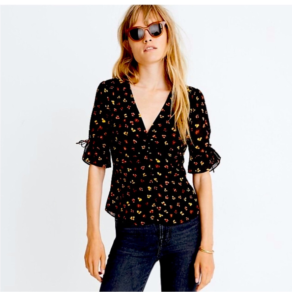 Madewell Silk Daylight Tie-Sleeve Top in Feline Floral Size 6